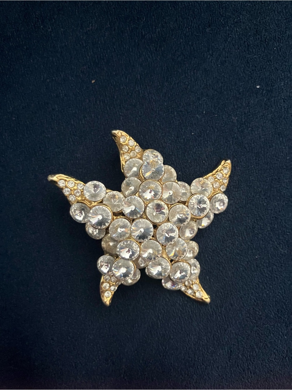 Gold-Tone Starburst Crystal Brooch - Clear Crystals